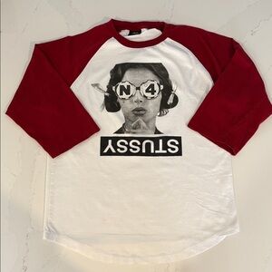 ✨Host Pick✨Stussy 3/4 Sleeves Baseball Unisex T-shirt White and Dark Red Size L
